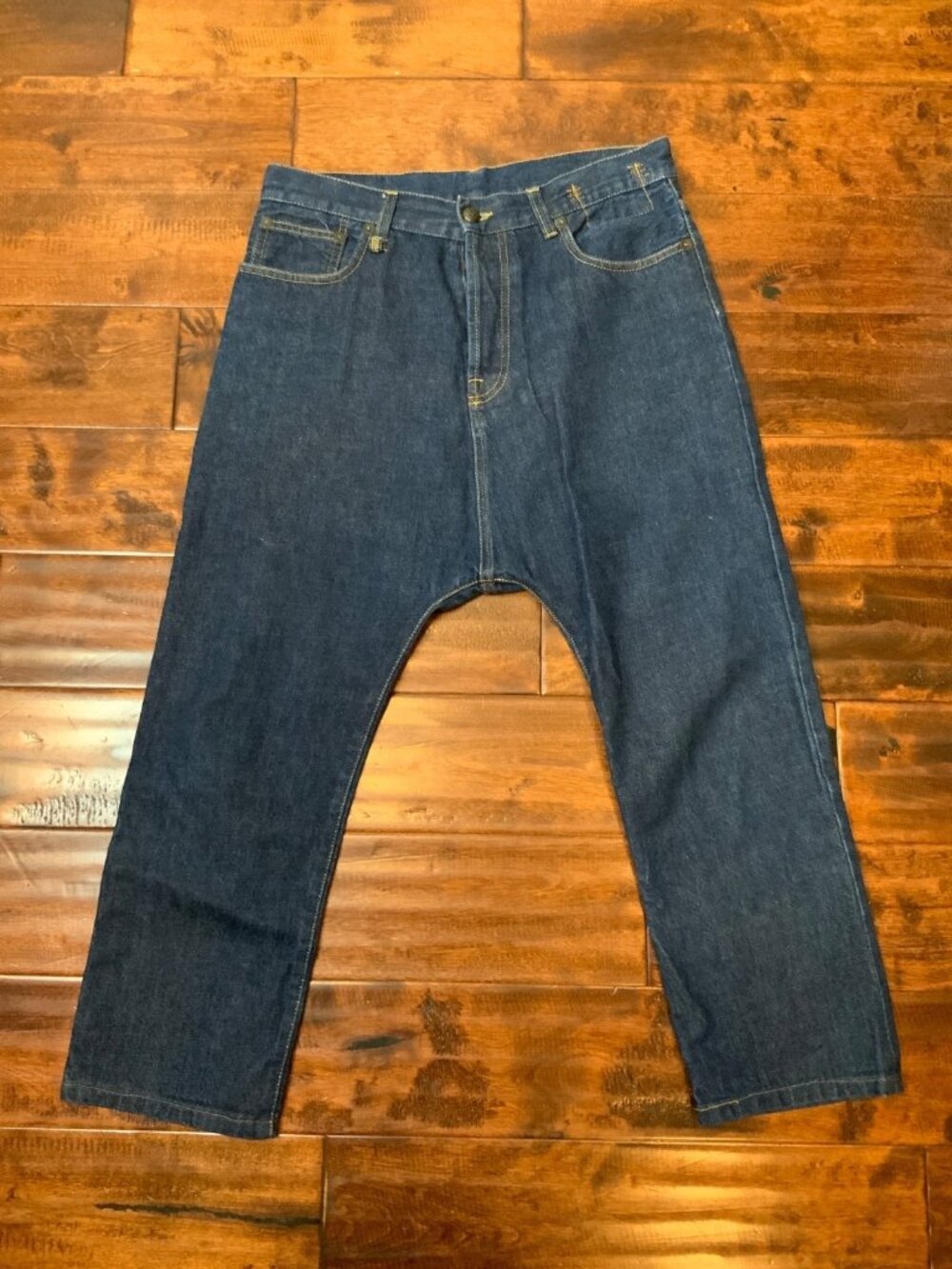 R13 Indigo Rinse Selvedge Tailored Drop Crotch Denim Jeans, Size 26